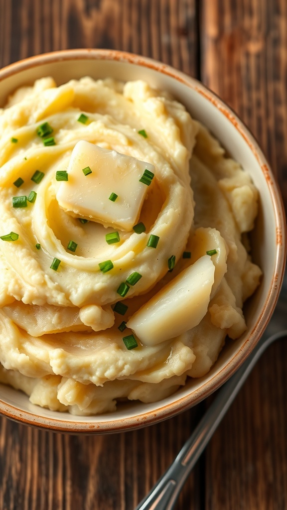 A bowl of creamy mashed turnips and potatoes garnished with chives and butter on a rustic table.